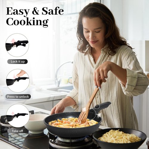 Cuisinluv 5PCS Pots and Pans Set Non Stick, Kitchen Cookware Sets with Detachable Handle, Ceramic Cookware Sets, Non Stick RV Cookware Cooking Set, Dishwasher ＆ Oven Safe, PFOA Free, Black