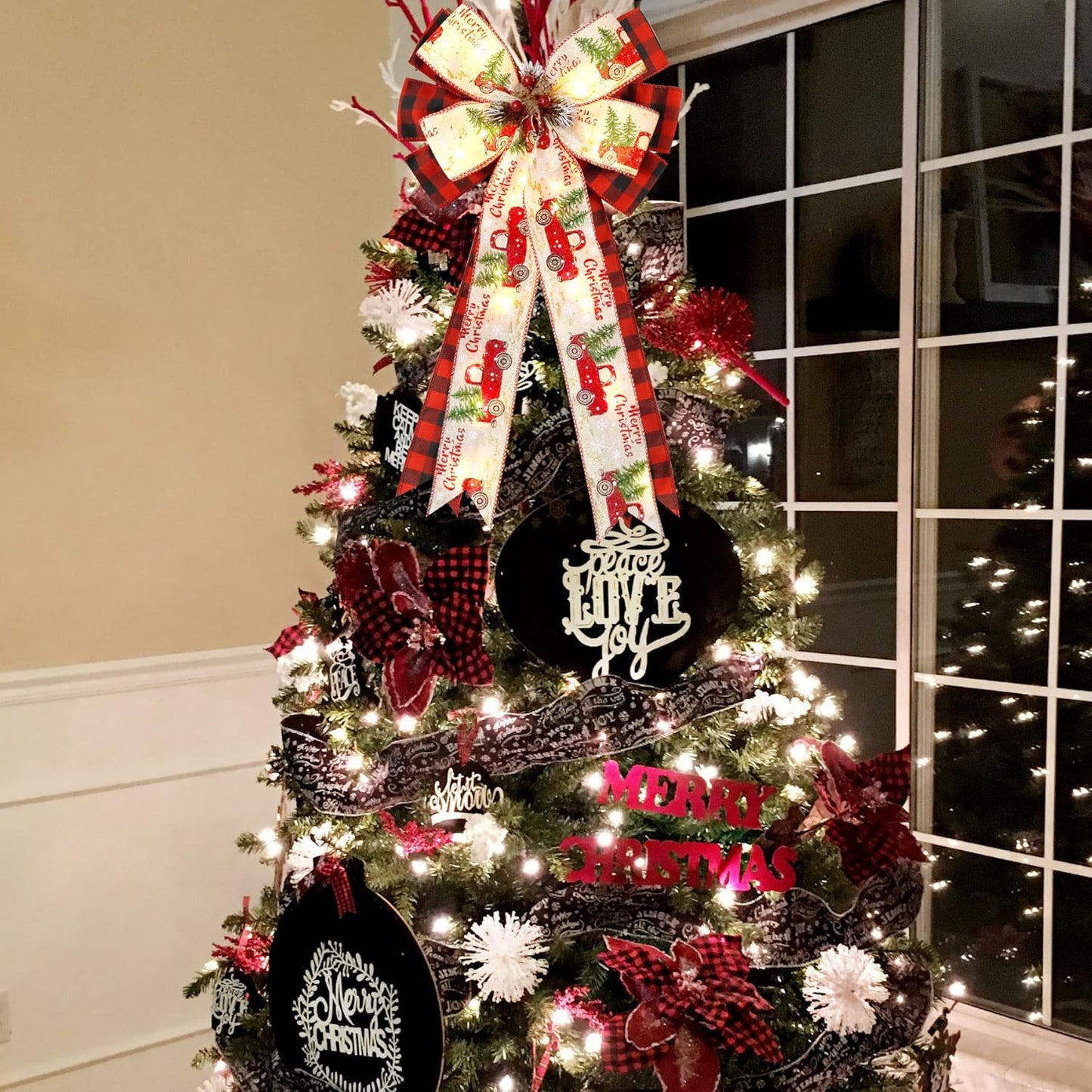 Regine Switzerland Christmas Tree Topper Bow - 30 LED Lights, 13”x25” Large Red Black Buffalo Plaid Rustic Decor