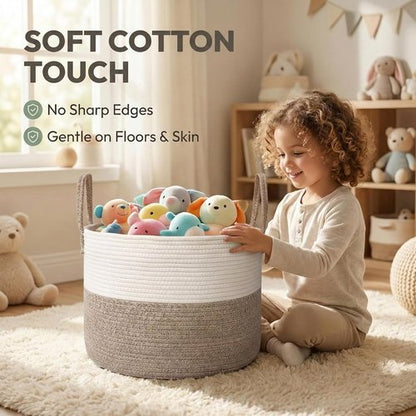 JMvicyroam 65L Extra Large Blanket Basket - Woven Cotton Rope Laundry Hamper with Handles | Machine Washable, White & Brown