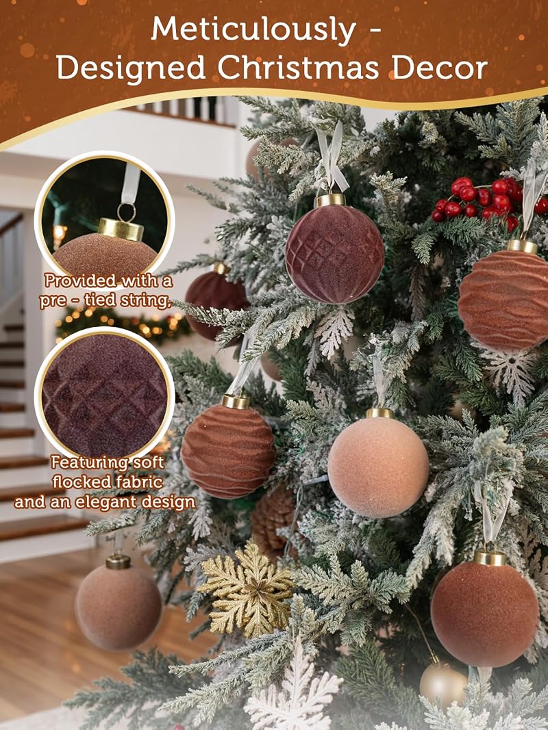 Brown Velvet Christmas Ornaments 3.15in - 12 Pcs Shatterproof, Neutral Round Balls (Variation: Brown+3.15inch)