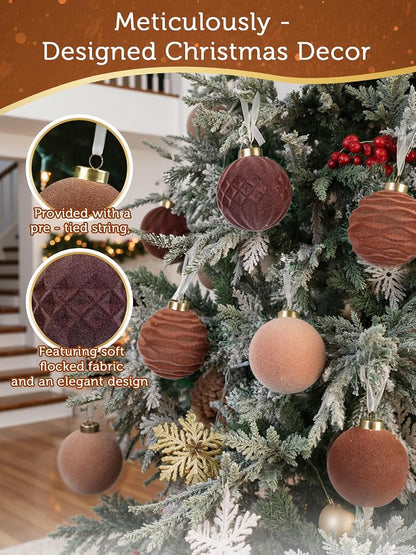 Brown Velvet Christmas Ornaments 3.15in - 12 Pcs Shatterproof, Neutral Round Balls (Variation: Brown+3.15inch)