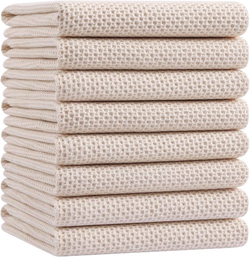 Homaxy 100% Cotton Waffle Weave Dish Towels - Ultra Soft & Absorbent | Quick Drying, 20x28 Inches, 8-Pack, Beige