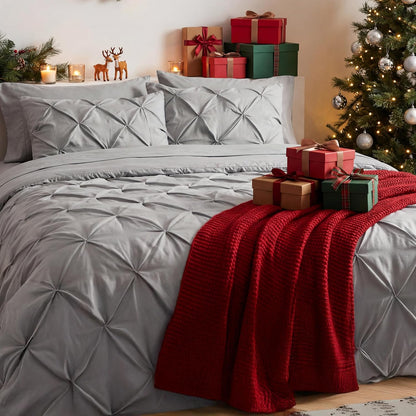 Bedsure Queen Comforter Set - Grey Pintuck Bed in a Bag | 7-Piece All-Season Bedding Set with Sheets & Pillowcases