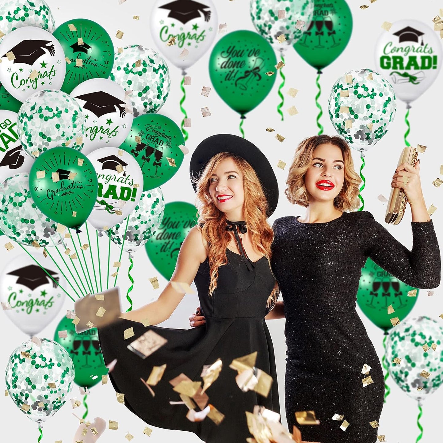 Whaline Graduation Party Balloon Set - 60 Pcs in Green & White with Confetti | Includes 2 Rolls of Ribbon