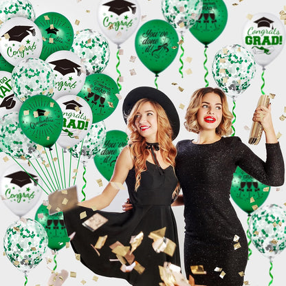 Whaline Graduation Party Balloon Set - 60 Pcs in Green & White with Confetti | Includes 2 Rolls of Ribbon