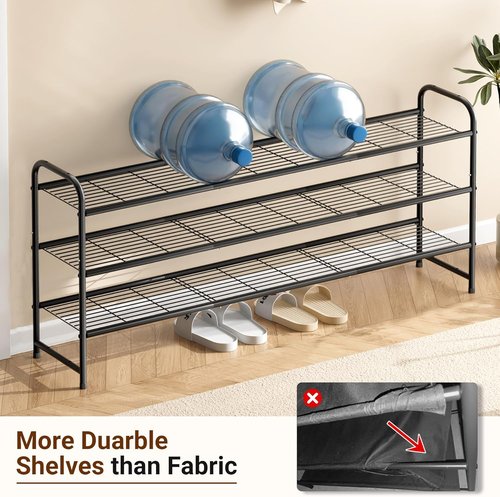 KEETDY 3-Tier Long Shoe Rack - Sturdy Metal Organizer for Entryway | Stackable Black Storage Shelf