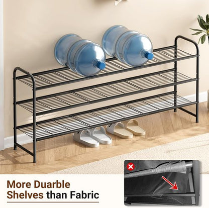 KEETDY 3-Tier Long Shoe Rack - Sturdy Metal Organizer for Entryway | Stackable Black Storage Shelf