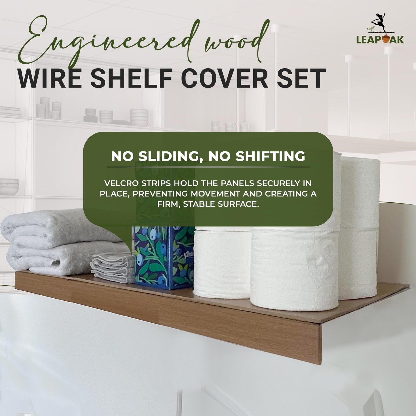 LEAPOAK Wire Shelf Cover - Adjustable Engineered Wood Panels with Extra Modular Pieces - Custom Fit for Pantry, Closet, & Kitchen Wire Shelving - Velcro Secures in Place - Smooth Finish (Light Wood)