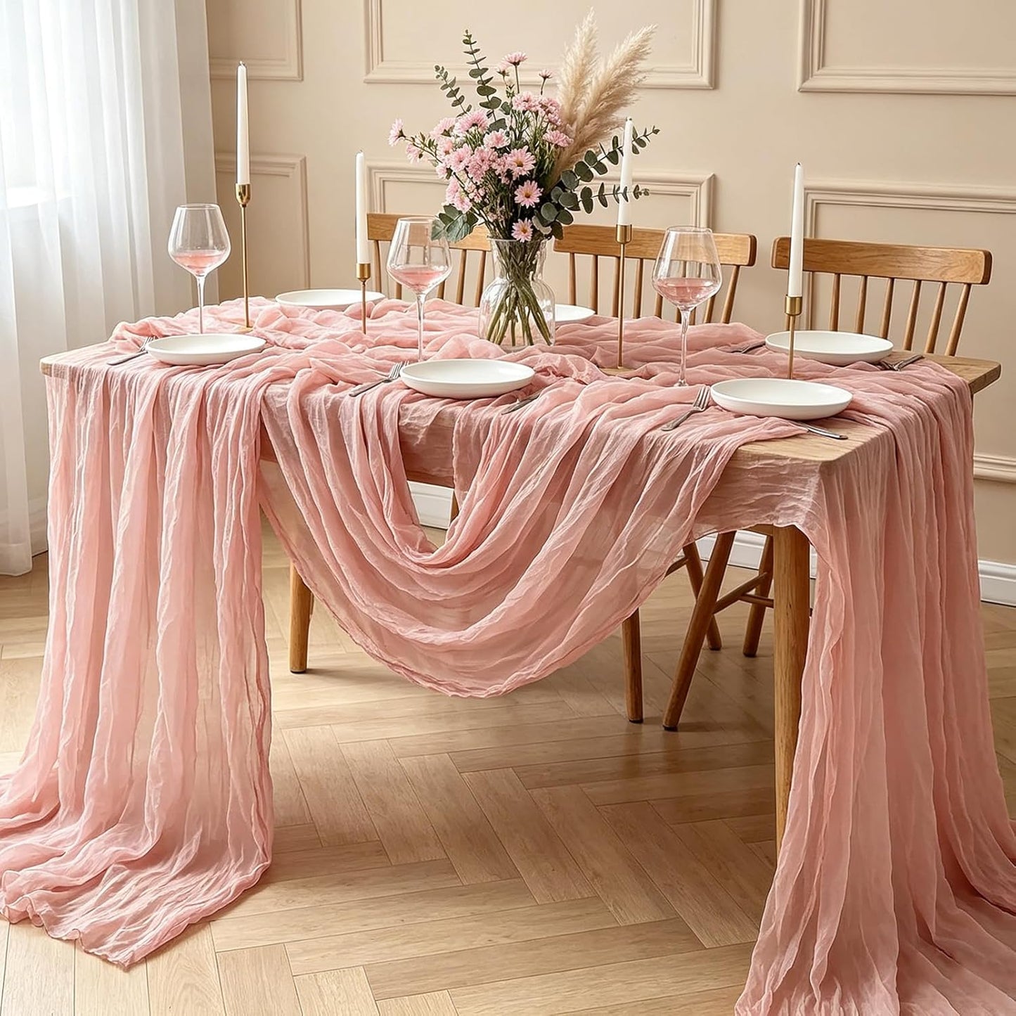 Skiennix Pink Cheesecloth Table Runner - 10FT Dusty Pink Boho Style for Weddings & Events