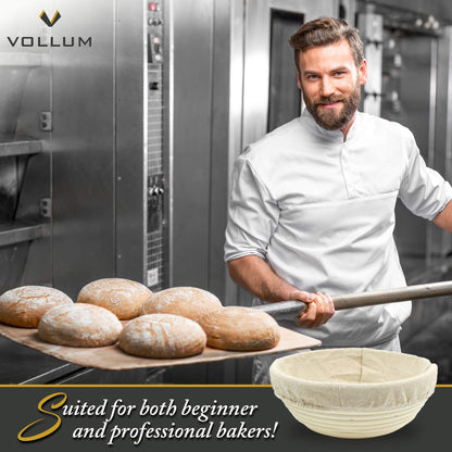 Vollum Bread Proofing Basket Banneton Baking Supplies for Beginners & Professional Bakers, Handwoven Rattan Cane Bread Maker with Linen for Artisan Breads, 9.5 x 4.25 Inch, 2-Pound Round Brotform