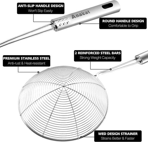 Anaeat Stainless Steel Spider Skimmer - Set of 3 Professional Kitchen Strainers with Long Handles (4.5", 5.3", 6.1")
