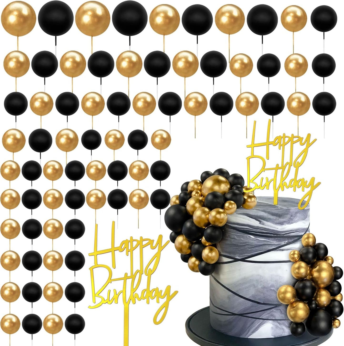 Skiennix 75 PCS Black and Gold Cake Decoration Set - Happy Birthday Inserts for DIY Parties