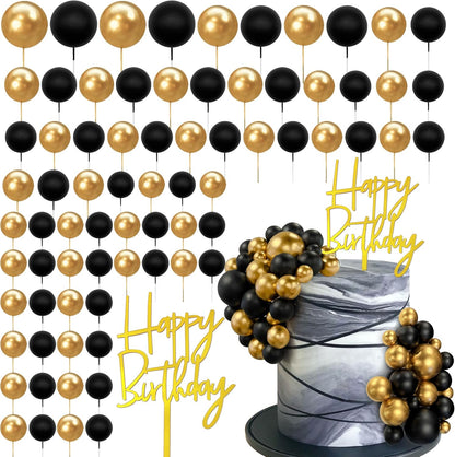 Skiennix 75 PCS Black and Gold Cake Decoration Set - Happy Birthday Inserts for DIY Parties