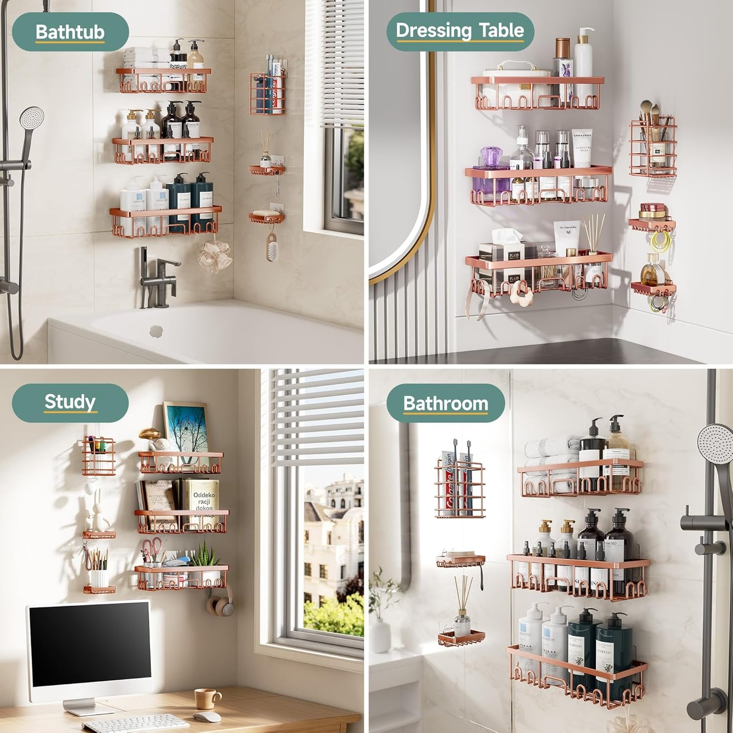 Veken Shower Caddy - 6-Pack Waterproof Adhesive Shelves | No Drilling, Rustproof, Large Capacity - Rose Gold