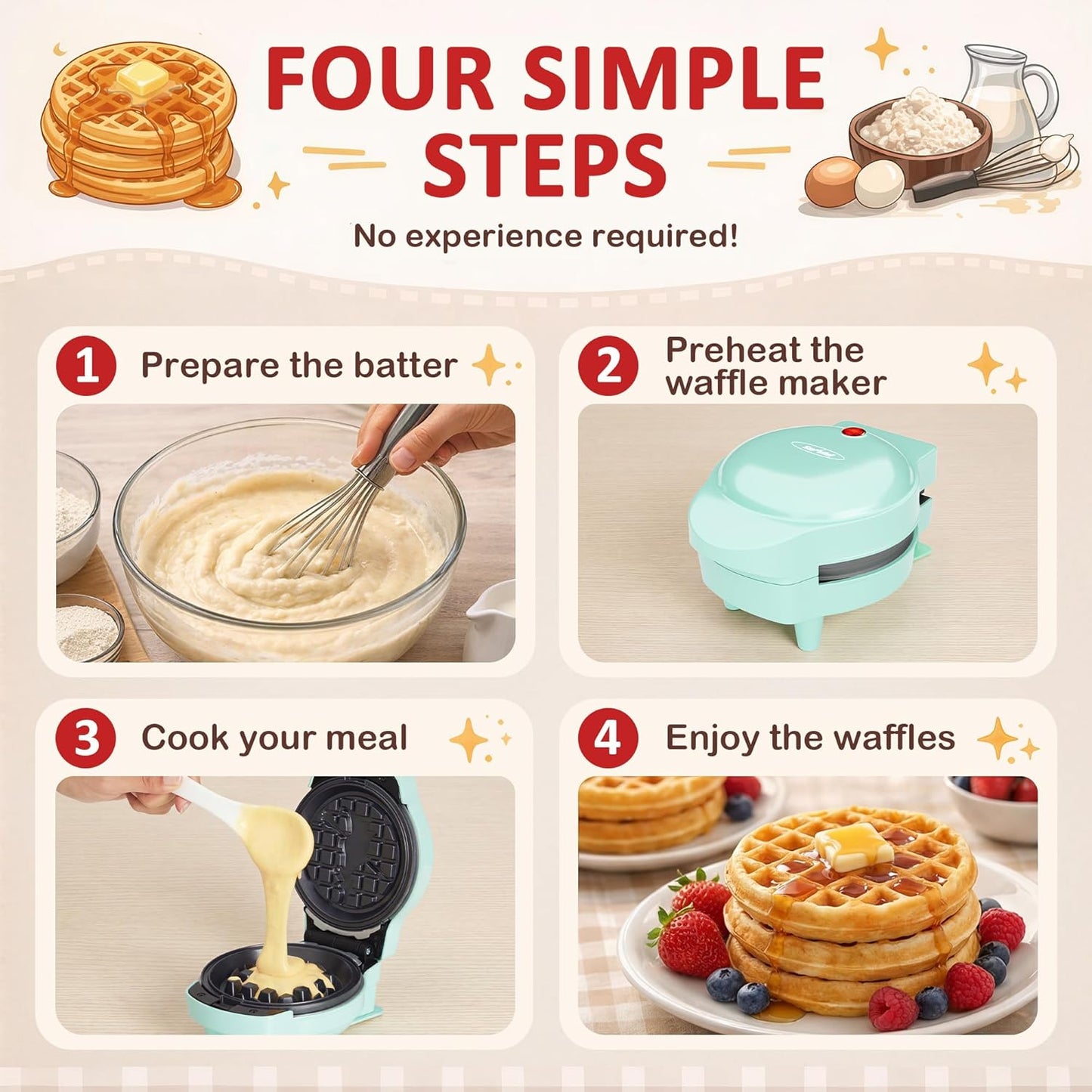 Sunvivi Mini Waffle Maker - 6-in-1 Nonstick Waffle Iron with Removable Plates Set | Light Blue