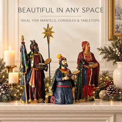 10-Inch Nativity Set 4-Piece Magi Figures with Star – Polystone, Hand Painted, Flat Bottom Base