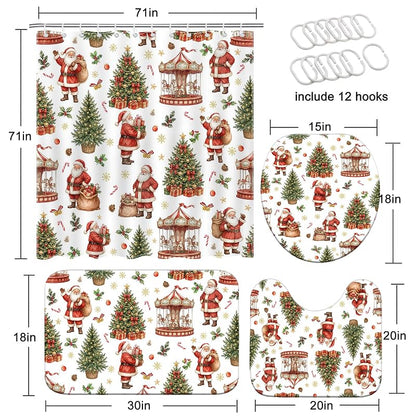 Santa Claus Shower Curtain Set - 4Pcs Holiday Bath Decor, 100% Polyester