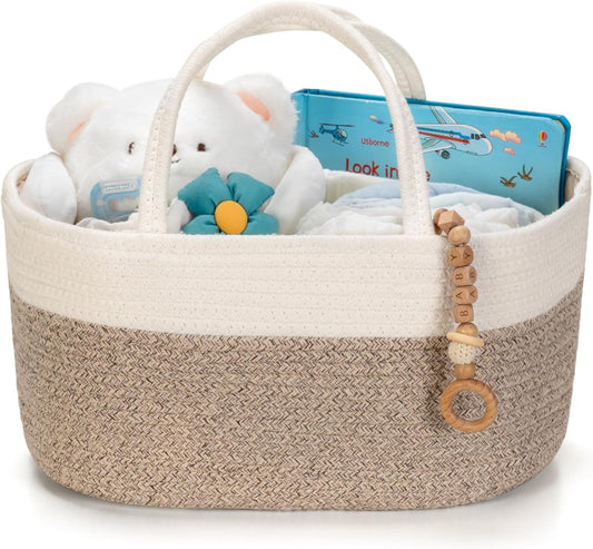 Skiennix Diaper Caddy Organizer - Stylish Baby Storage Basket for Newborn Essentials | Large, White & Beige Brown