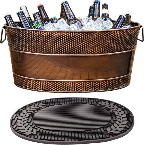 BREKX Copper Beverage Tub w/PVC Party Mat 6-Gallon Beverage Tub & Wine Bucket for Parties & Events, Mimosa Bar Supplies Champagne Bucket with Bar Mat, Large (11 Champagne Bottles)