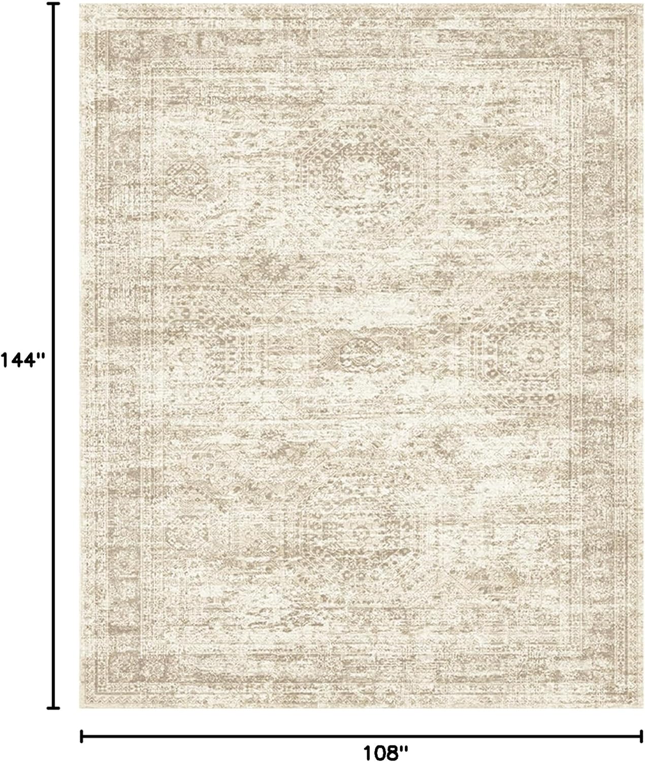 Soalmost Area Rugs - Non-Slip, Machine Washable Vintage Design | Lightweight 9x12 Beige Rug for Living Room, Bedroom, Dining Room, Home Office