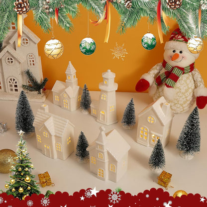 Skiennix 11 Pcs White Ceramic Christmas Village Houses - Light Up Xmas Town Decor with Timer