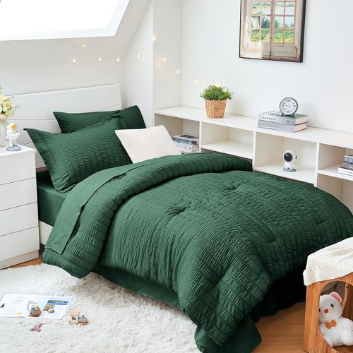 HYMOKEGE Twin XL Comforter Set - Emerald Green Seersucker 5-Piece Luxury Bedding Set