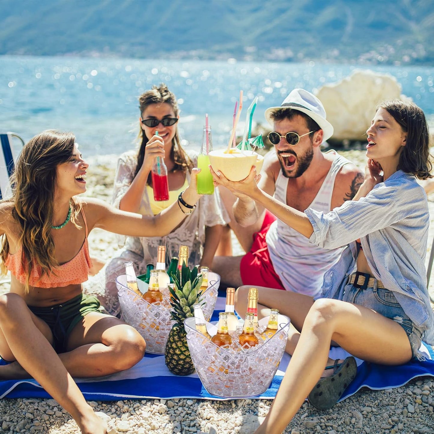Sunnyray 4 Pack Ice Buckets Large Beer Bucket Clear Acrylic Drink Cooler Plastic Ice Beverage Tub Champagne Bottles Bucket Chiller Bin Drink Buckets for Party Barbecue Picnic Home Bar (8L)