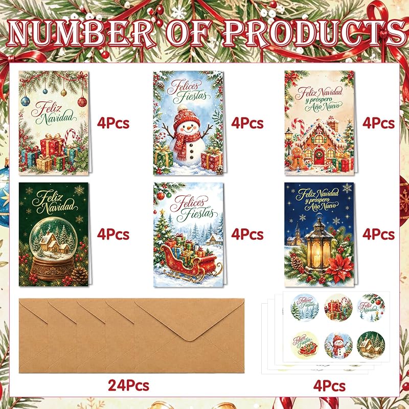 Spanish Christmas Cards with Envelopes & Stickers 24PCS - Variation: Spanish Christmas