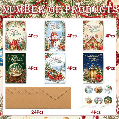 Spanish Christmas Cards with Envelopes & Stickers 24PCS - Variation: Spanish Christmas