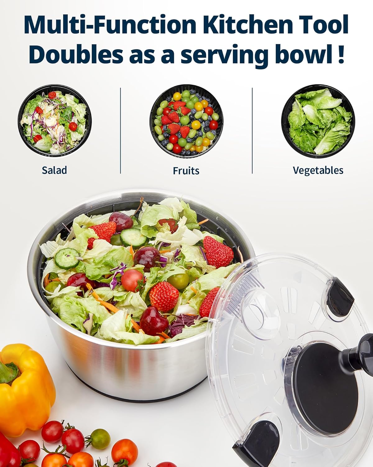 Stainless Steel Salad Spinner - 6.34Qt Large Lettuce Dryer | BPA-Free Vegetable & Fruit Washer