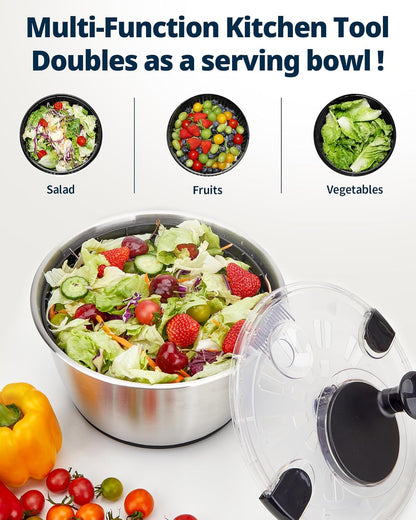Stainless Steel Salad Spinner - 6.34Qt Large Lettuce Dryer | BPA-Free Vegetable & Fruit Washer