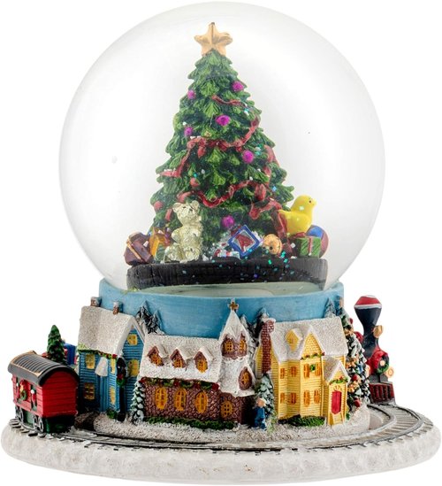 Elanze Designs Musical Glitter Water Snow Globe Christmas Tree Village - Moving Train & Holiday Tune