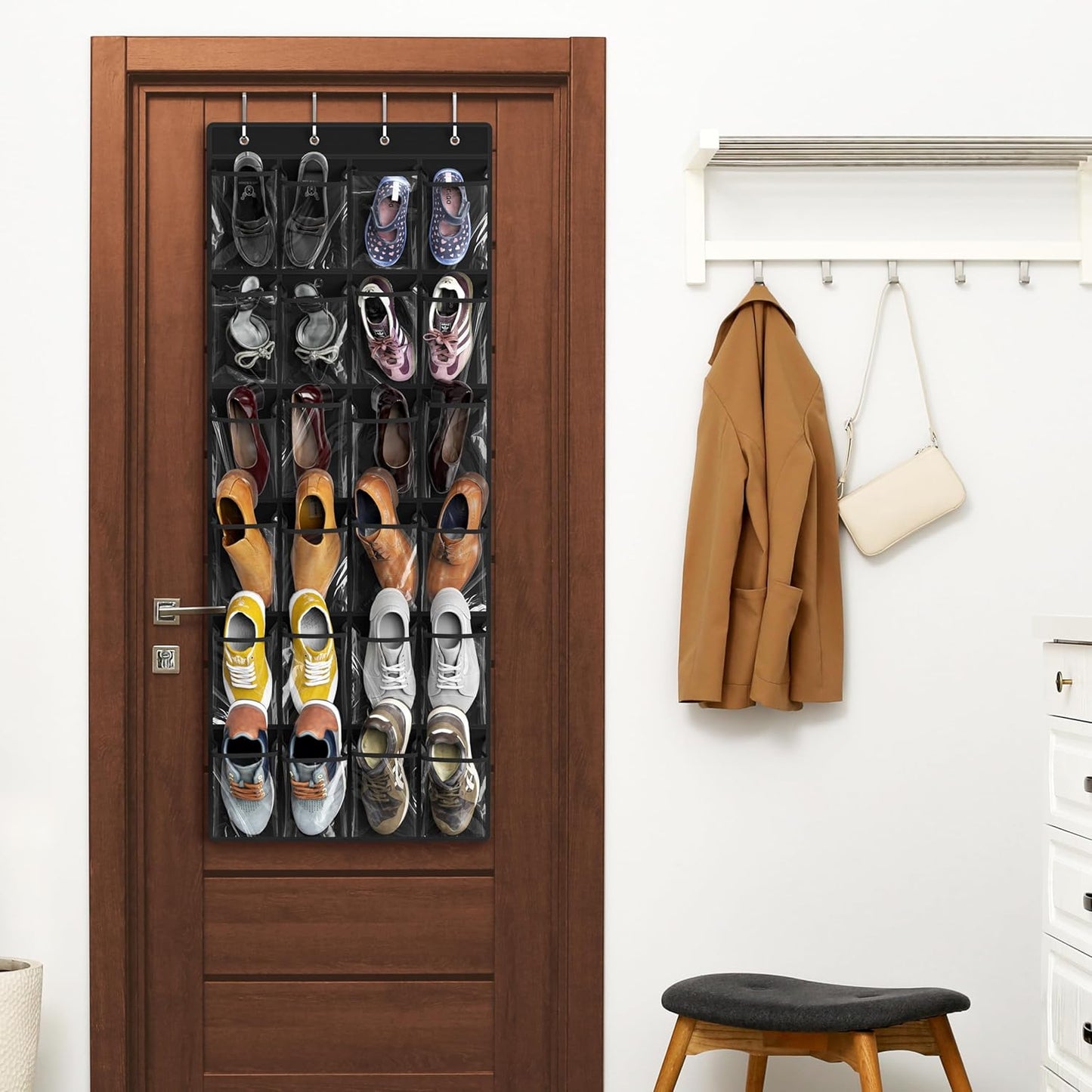 Simple Houseware Over The Door Shoe Organizer - 24 Large Clear Pockets, Black (56" x 22.5")