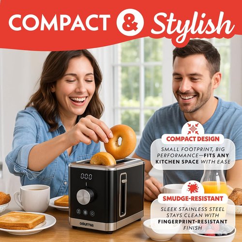 Gourmia 2 Slice Toaster - Extra Wide Slots, 6 Browning Levels & One-Touch Toasting | Compact Black Design