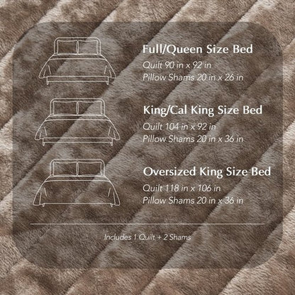 EVERGRACE Velvet Quilt Set Queen Size, Luxurious Soft Striped Channel Bedding Set, Lightweight Velvet Comforter for All Season, Oversized Bedspread Coverlet with 2 Matching Shams, Mocha Brown