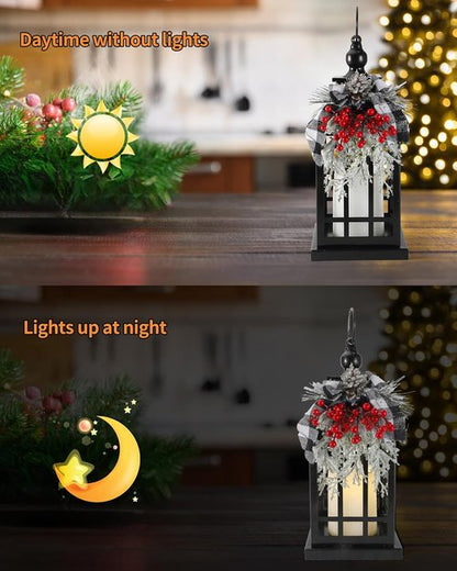 iStatue Black Metal Christmas Lantern - Flameless Candle Decor for Modern Farmhouse | 14" Indoor/Outdoor Holiday Gift