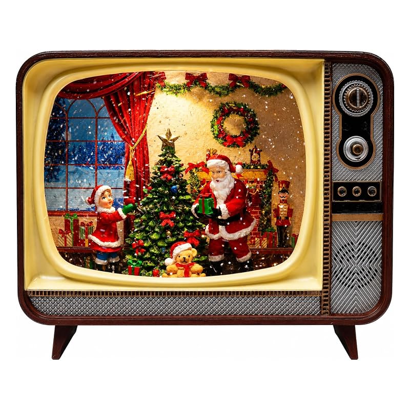 Retro TV Christmas Decor LED Water Spinner Santa Scene - Battery Operated Acrylic Globe