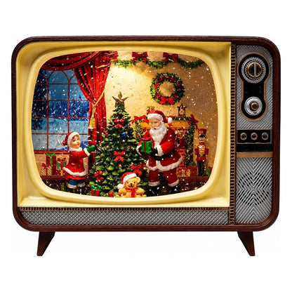 Retro TV Christmas Decor LED Water Spinner Santa Scene - Battery Operated Acrylic Globe