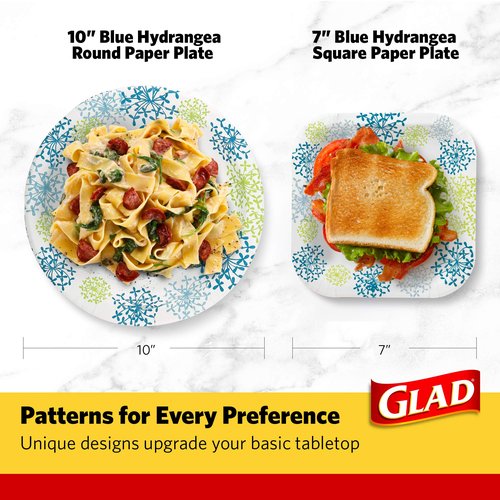 Glad Everyday Round Paper Plates, Blue Hydrangea Print Disposable Dessert and Appetizer Plates for Meals and Parties, Soak Proof and Cut Resistant, Microwave Safe Tabletop Plates, 7 Inch, 50 Count
