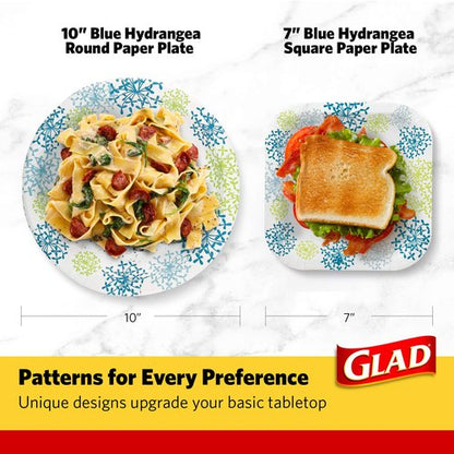 Glad Everyday Round Paper Plates, Blue Hydrangea Print Disposable Dessert and Appetizer Plates for Meals and Parties, Soak Proof and Cut Resistant, Microwave Safe Tabletop Plates, 7 Inch, 50 Count