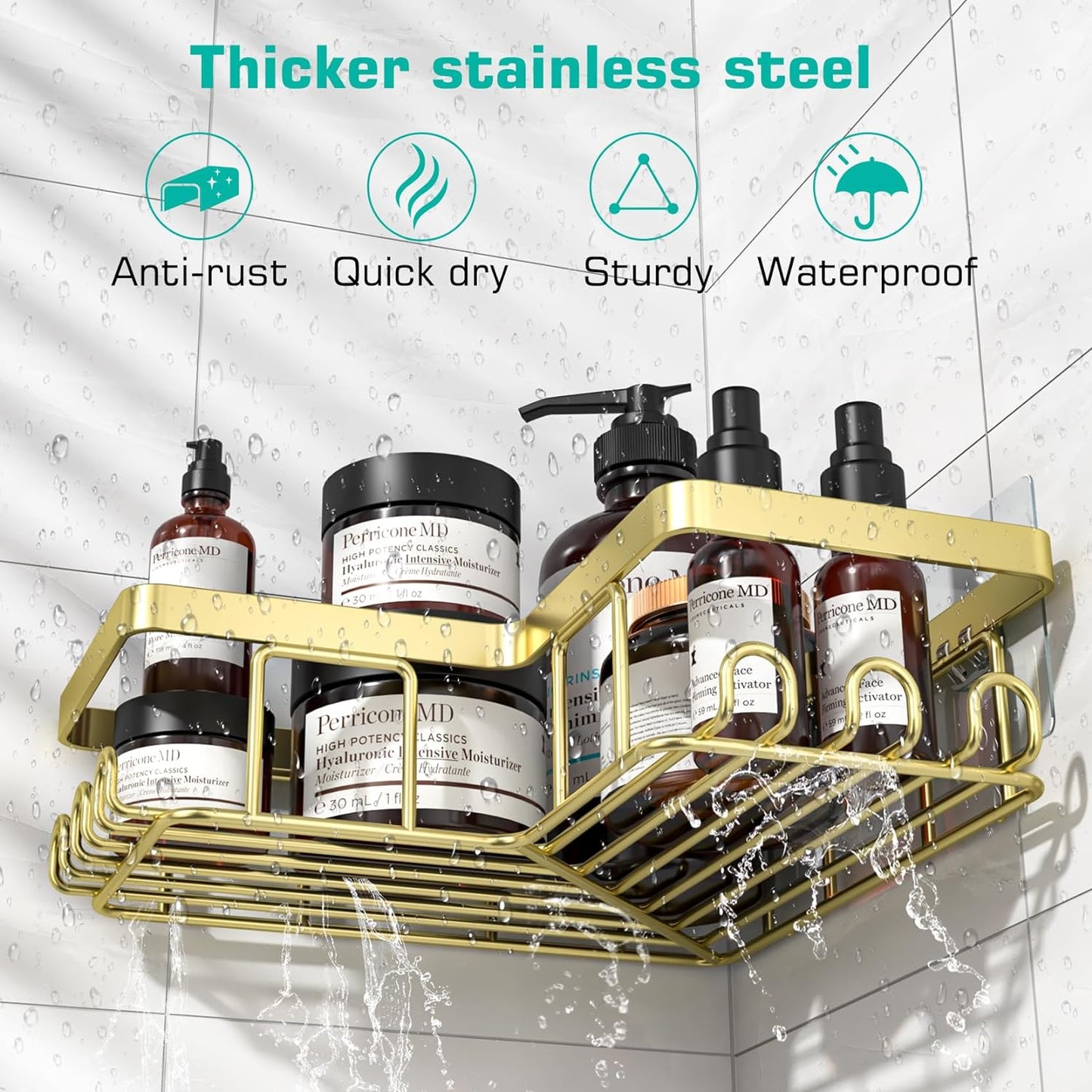 YASONIC Corner Shower Caddy - 3-Pack Adhesive Bathroom Organizer with Soap Holder & Hooks | Rustproof Stainless Steel, Gold