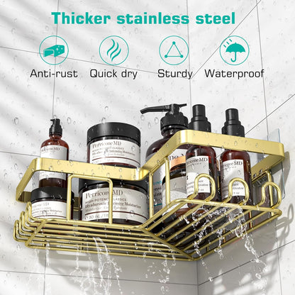 YASONIC Corner Shower Caddy - 3-Pack Adhesive Bathroom Organizer with Soap Holder & Hooks | Rustproof Stainless Steel, Gold