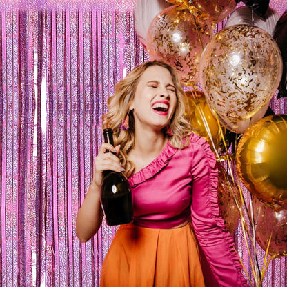 Skiennix Pink Metallic Tinsel Foil Fringe Curtains - 2 Pack 3.2ft x 8.2ft Backdrop for Parties & Events
