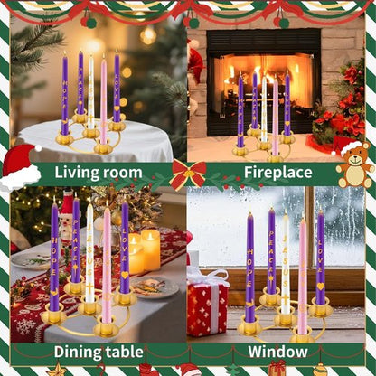 Advent Wreath Candle Holder Set - 5 Gold Taper Candles with Decorative Ring for Christmas Home Decor