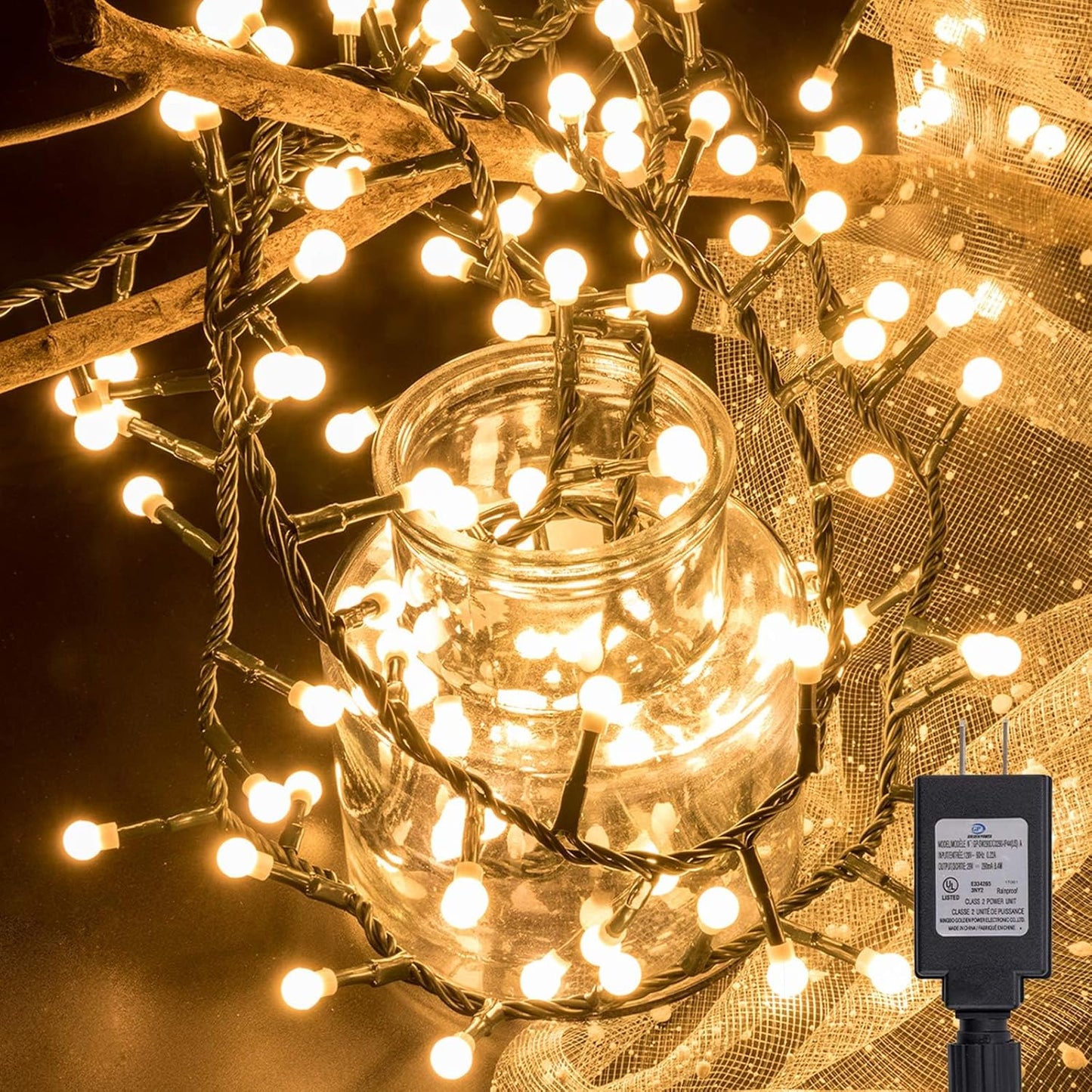 AWQ 500 LED Christmas Cluster Lights - 49ft String Lights with 8 Modes for Indoor/Outdoor Decor | Warm White