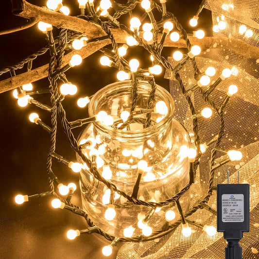 AWQ 500 LED Christmas Cluster Lights - 49ft String Lights with 8 Modes for Indoor/Outdoor Decor | Warm White