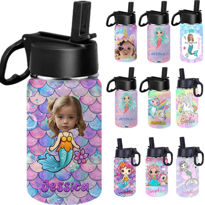 Custom Kids Water Bottle with Straw Personalized Mermaid Rainbow Fish Scales Water Cup with Kids Name Customized Mermaid Water Bottle Gift for Girls Daughter Granddaughter Children School Birthday12oz