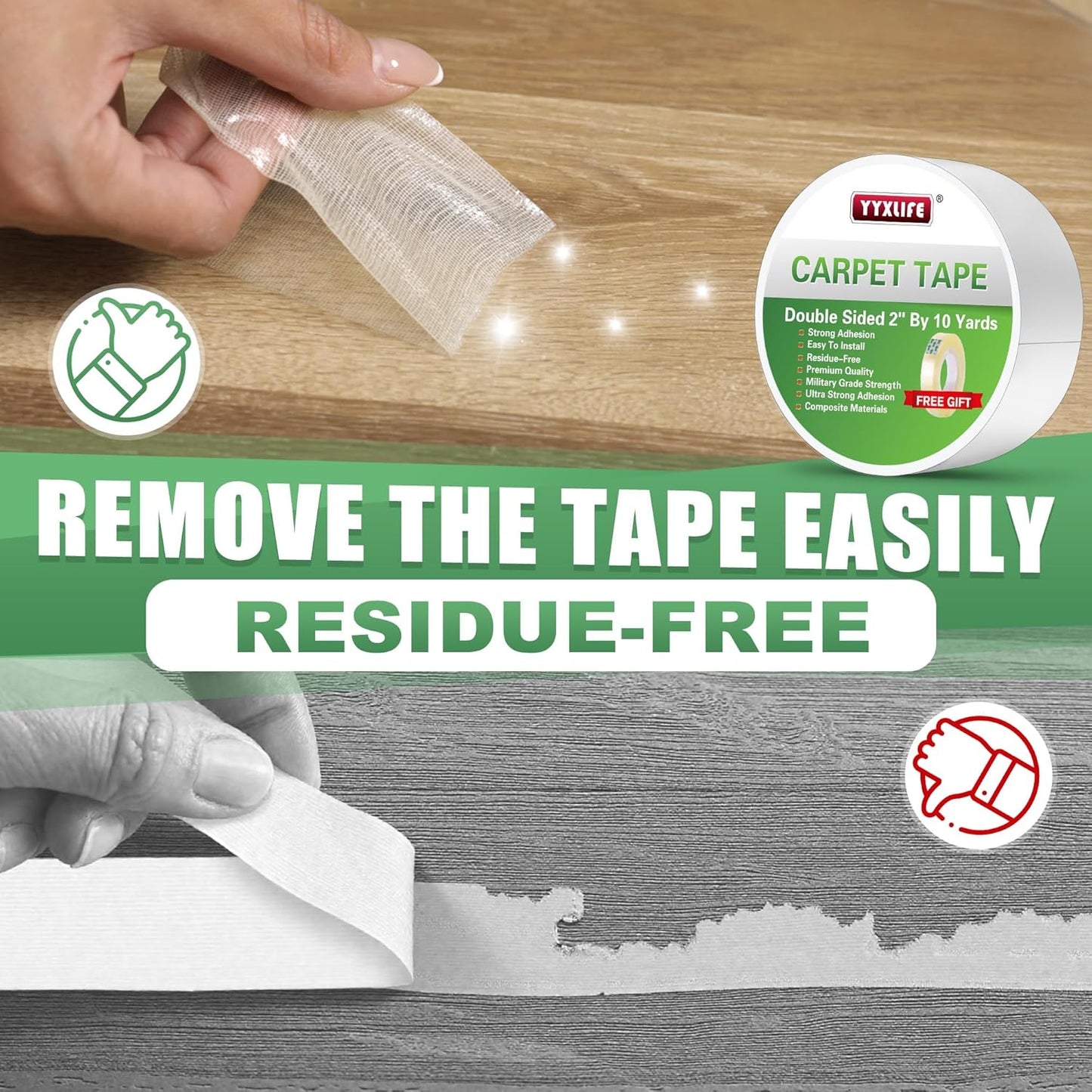 YYXLIFE Double-Sided Rug Tape | Strong Adhesive for Hardwood Floors - Non-Slip, No Residue, 2" x 10 Yards, White