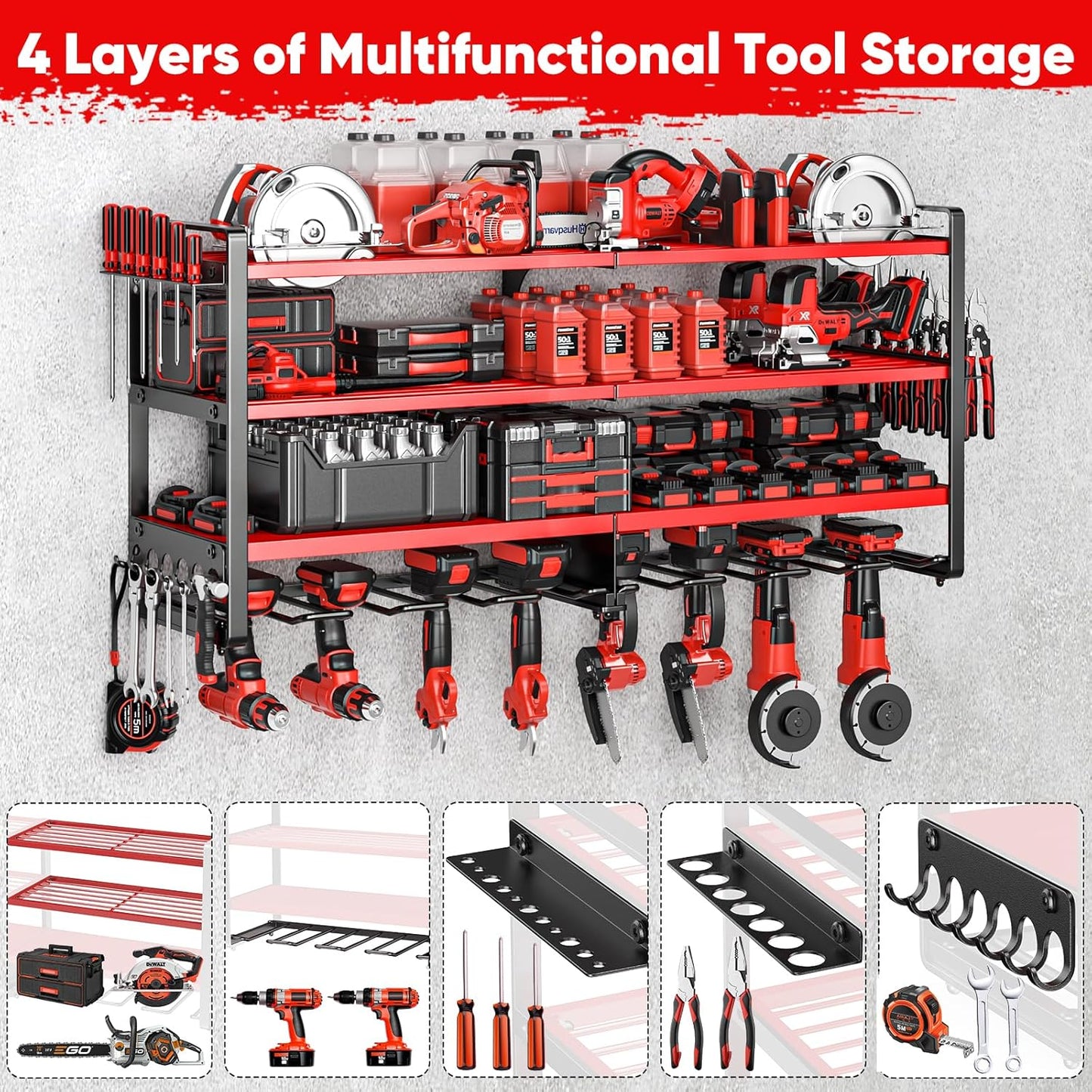POKIPO Heavy-Duty Power Tool Organizer - Wall-Mounted 4-Layer Shelf for 400lbs Capacity | Includes 8 Drill Bit Holders
