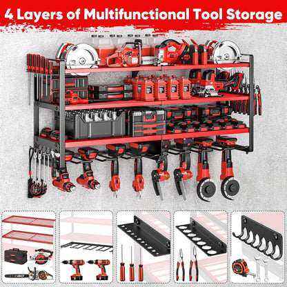 POKIPO Heavy-Duty Power Tool Organizer - Wall-Mounted 4-Layer Shelf for 400lbs Capacity | Includes 8 Drill Bit Holders